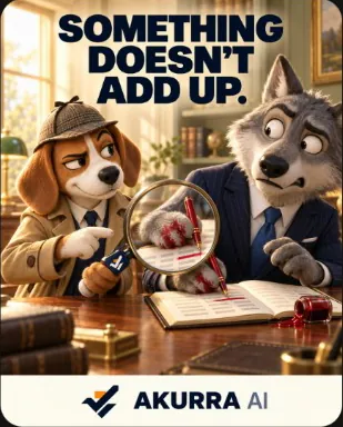 Campaign poster reading "Something doesn't add up.". A detective dog holds a magnifying glass over a ledger while a wolf in a suit looks on uneasily. Akurra AI.