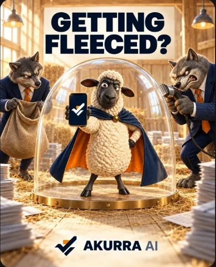 Campaign poster reading "Getting fleeced?". A sheep in a cape holds up a phone showing the Akurra AI tick, safe under a glass dome, while two wolves in suits circle it with a sack and a pair of clippers. Akurra AI.